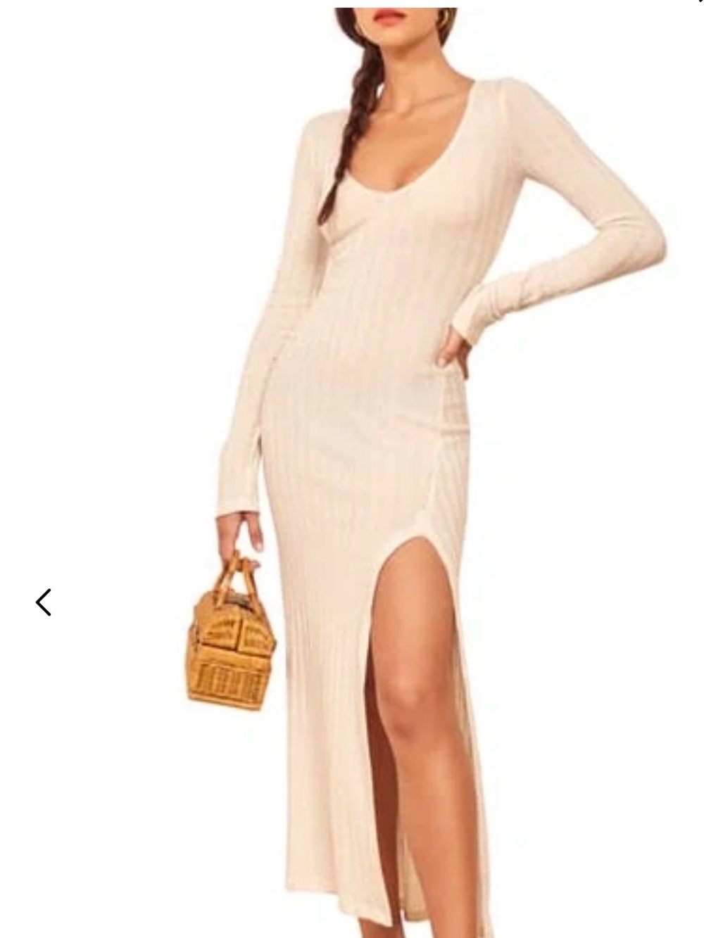 Reformation Mango Natural Tencel Blend V-Neckline Rib Knit Midi Dress